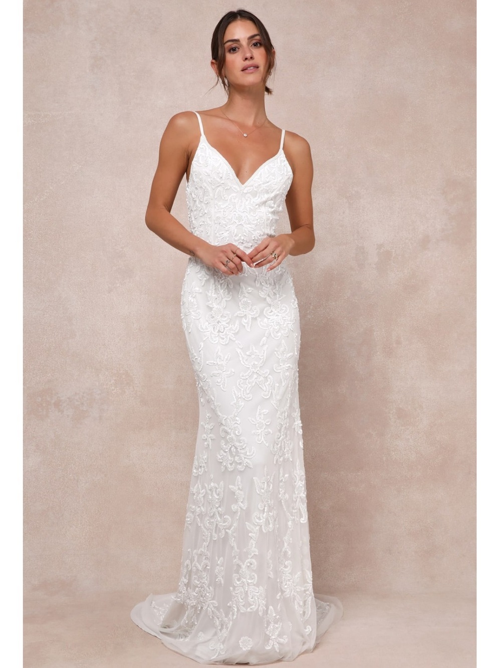 Lulus Everlasting Passion White Sequin Beaded Backless Maxi Bride Wedding Dress